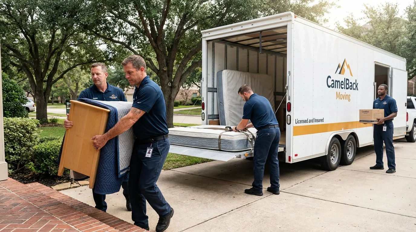 Crew loading residential truck for cross-state move from Luling, TX