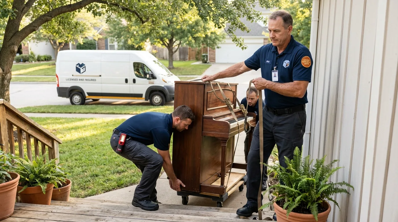 Licensed piano movers securing grand piano in Luling, TX