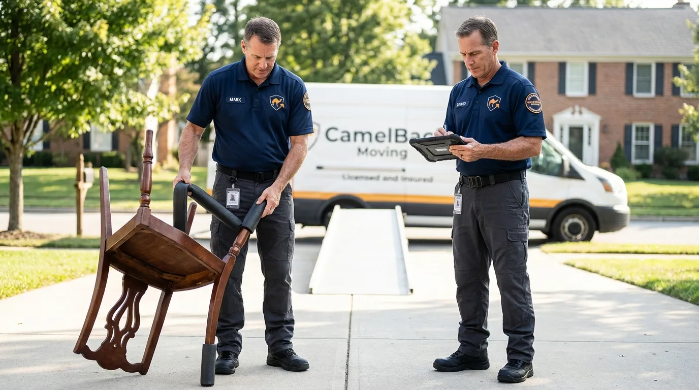 Movers inspecting furniture for damage prevention before loading in Luling, TX