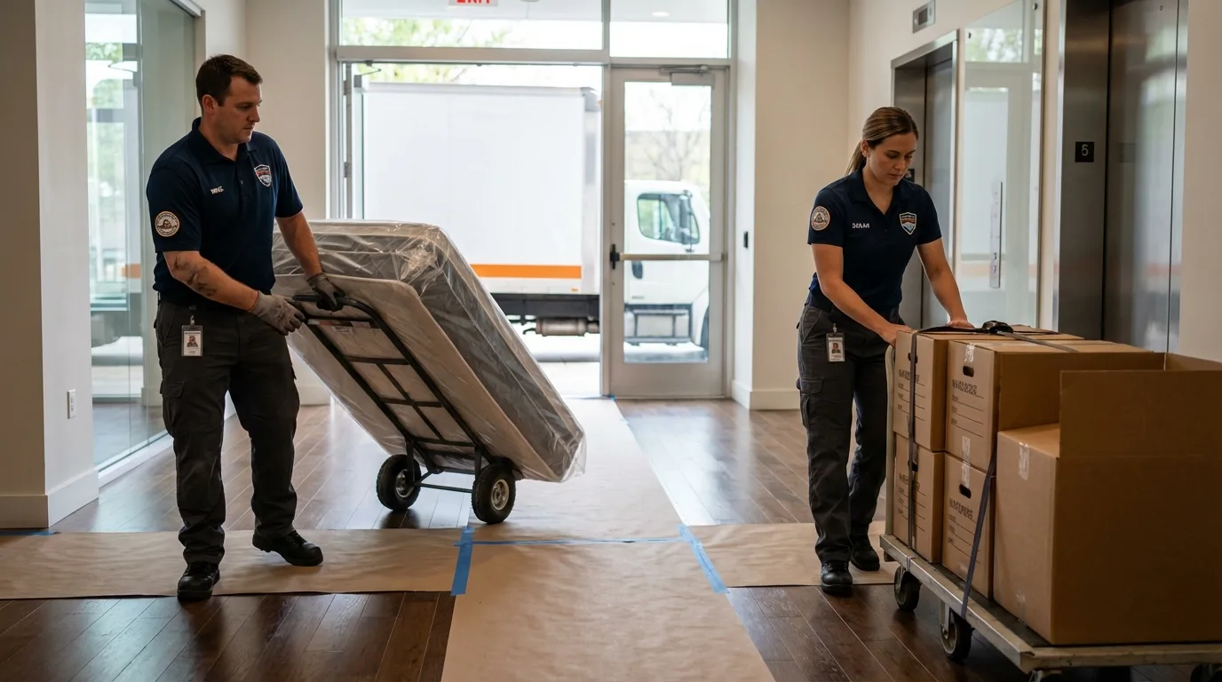 Professional apartment movers loading elevator in Luling, TX