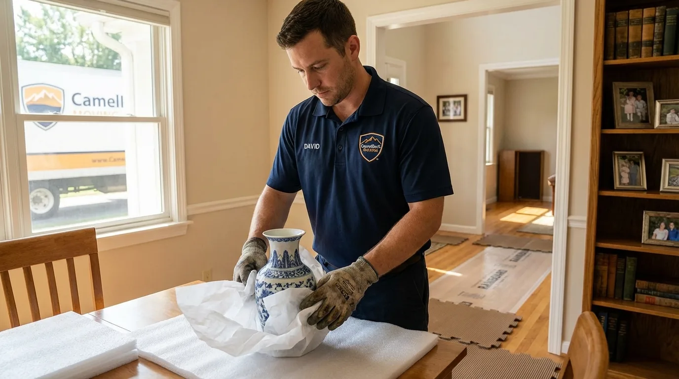 Professional crew carefully wrapping antique vase for senior downsizing move in Luling, TX