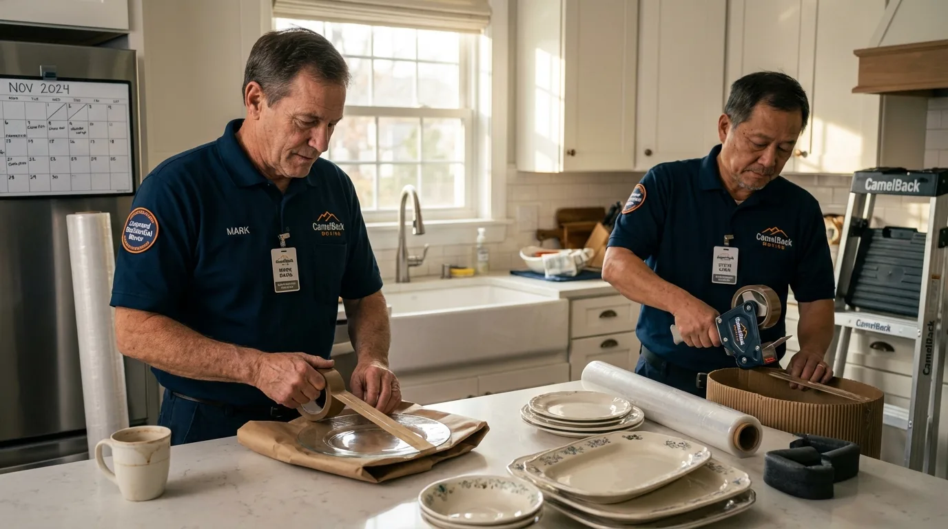 Professional crew packing kitchen dishware in Luling, TX